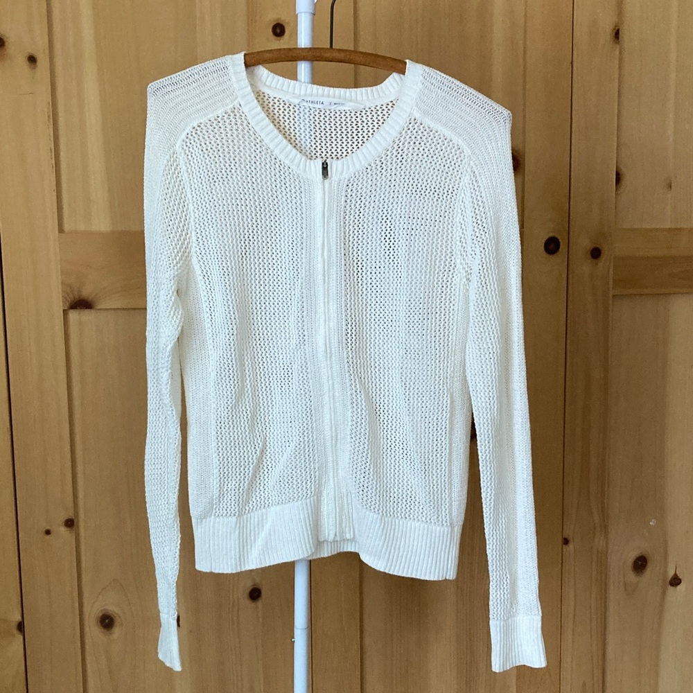 Athleta Cream Zip Up Open Knit Cardigan